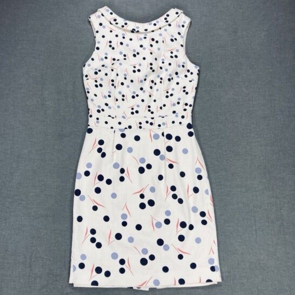 Boden Polka Dot Roll Collar Sheath Dress Womens 6 White Blue Summer Classy Chic - Picture 2 of 14